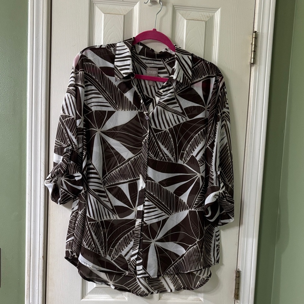 Chico's Brown and White Geometric Button Down Shirt